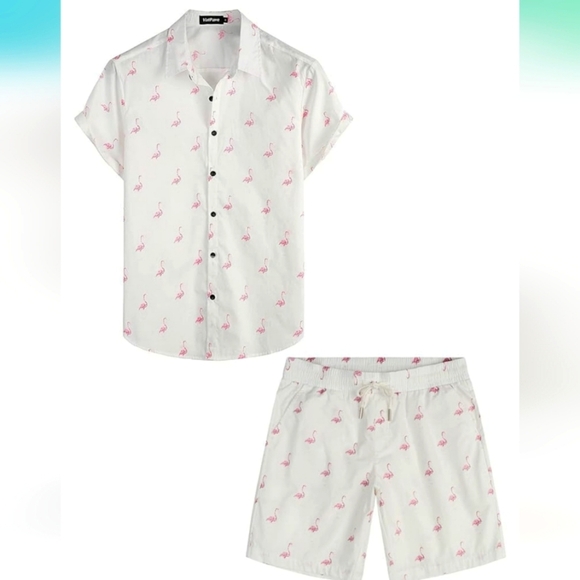 Hawaiian Shirt & shorts flamingo outfit matching set. Beach / vacation - Picture 1 of 6